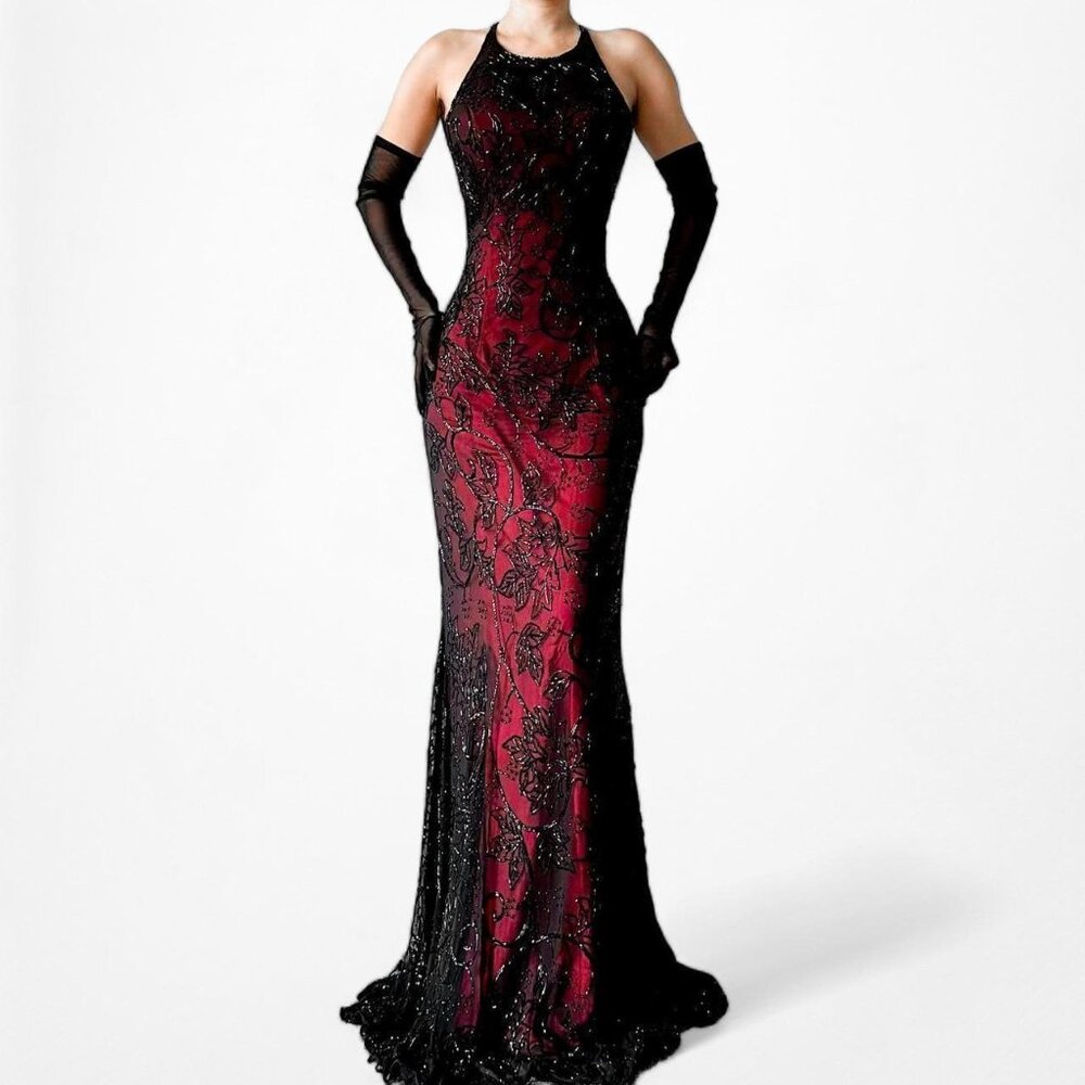 Vintage Burgundy Red Floral Beaded Silk Bodycon Maxi Formal Prom Dress Size S/M - Picture 3 of 8